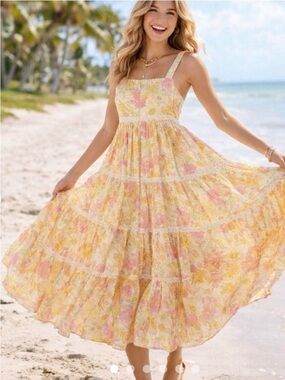American Eagle Boho Floral Tiered Maxi Dress in Yellow & Pink